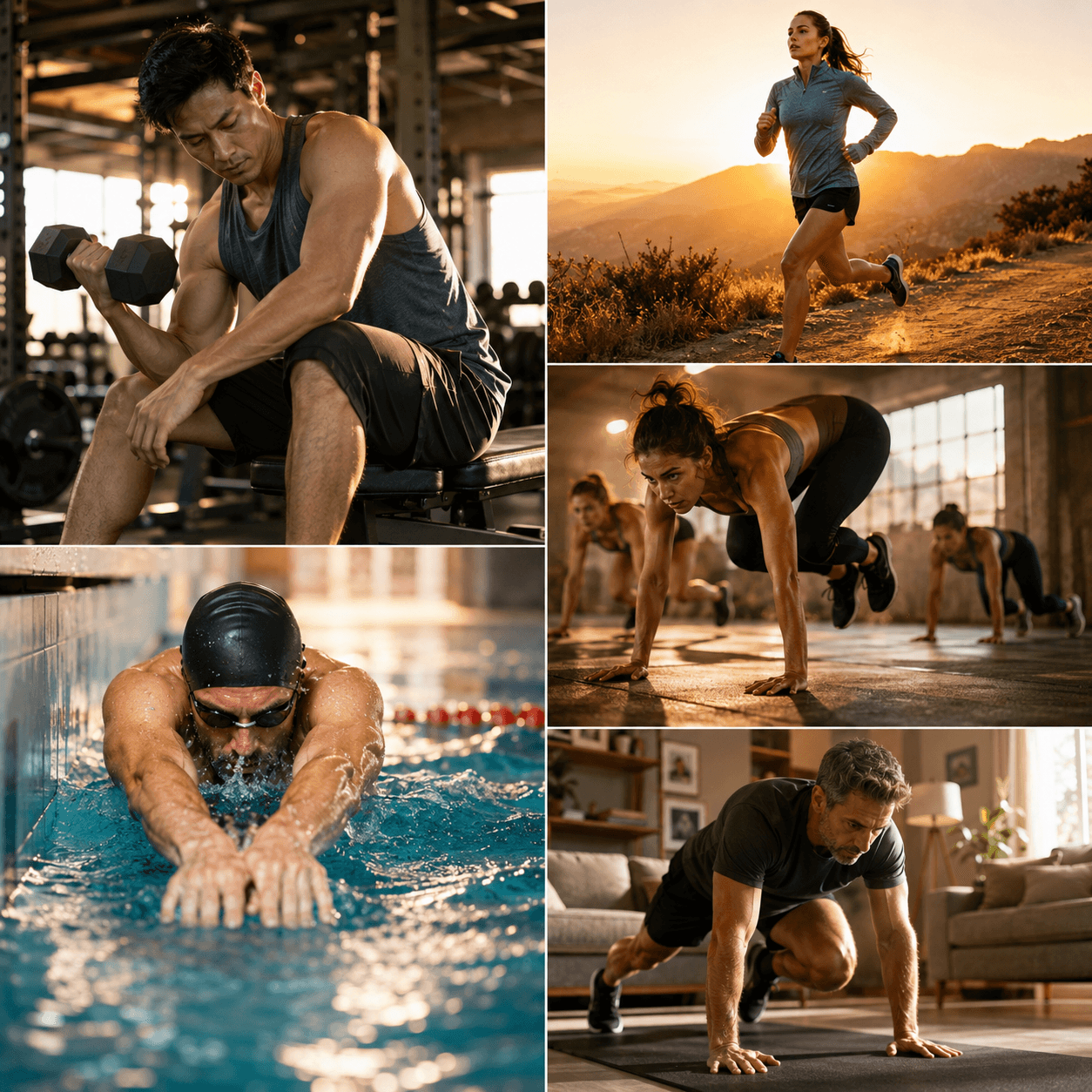 Collage of gym, running, HIIT, swimming, and home workouts