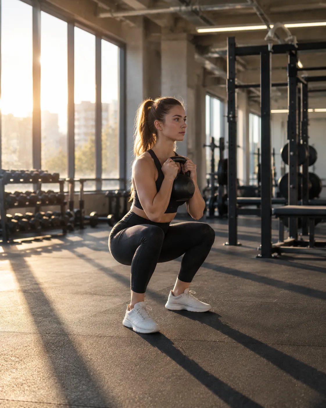 A woman holding a kettlebell at the bottom of a goblet squat in a sunlit gym
