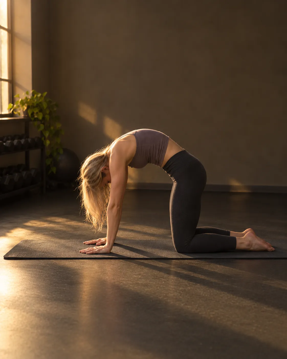 A woman on a mat arching her back in a slow stretch, in warm window light.